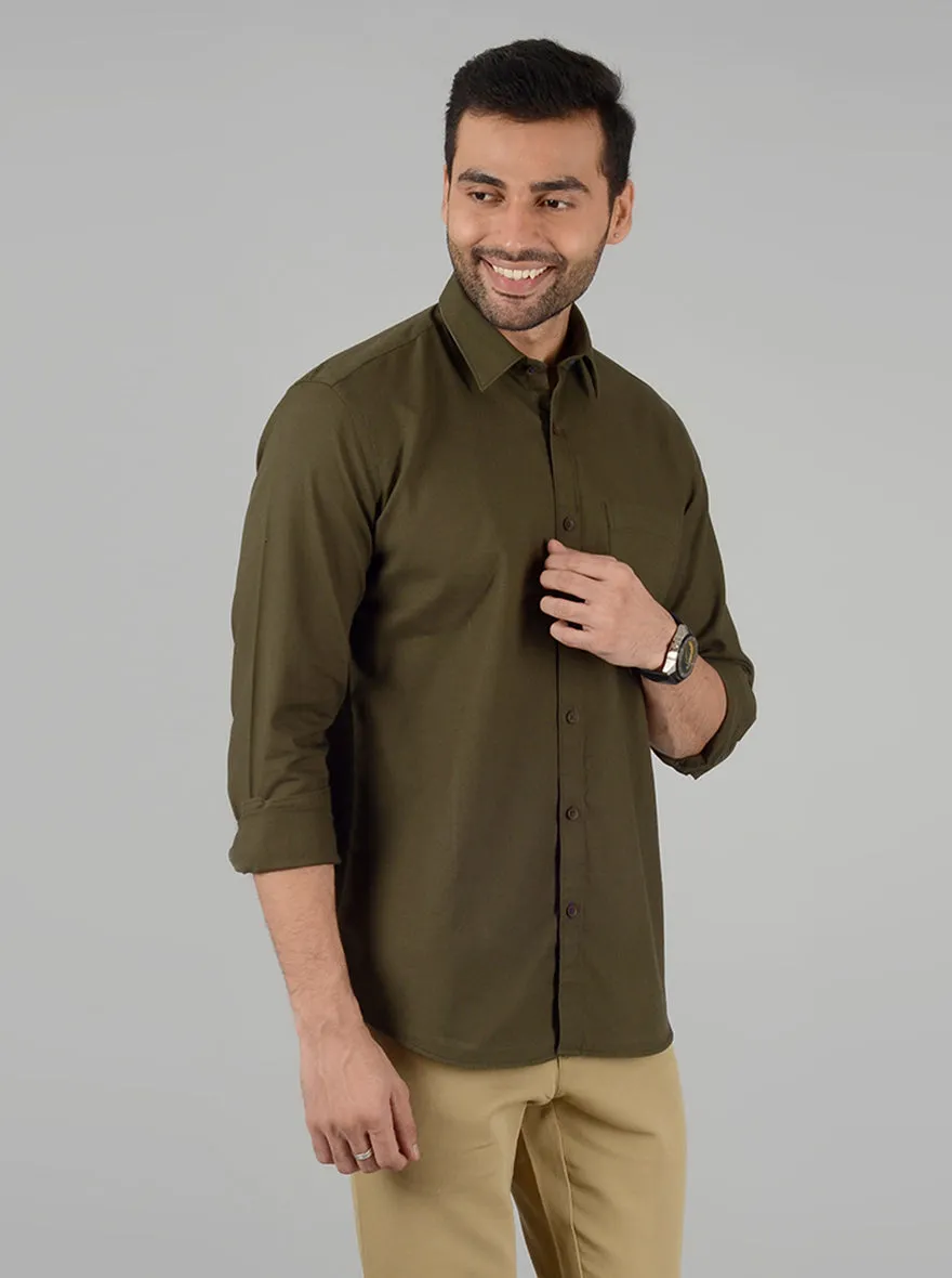 Olive Solid Slim Fit Casual Shirt | Greenfibre