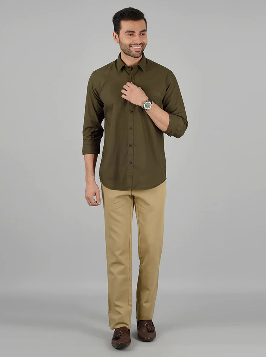 Olive Solid Slim Fit Casual Shirt | Greenfibre