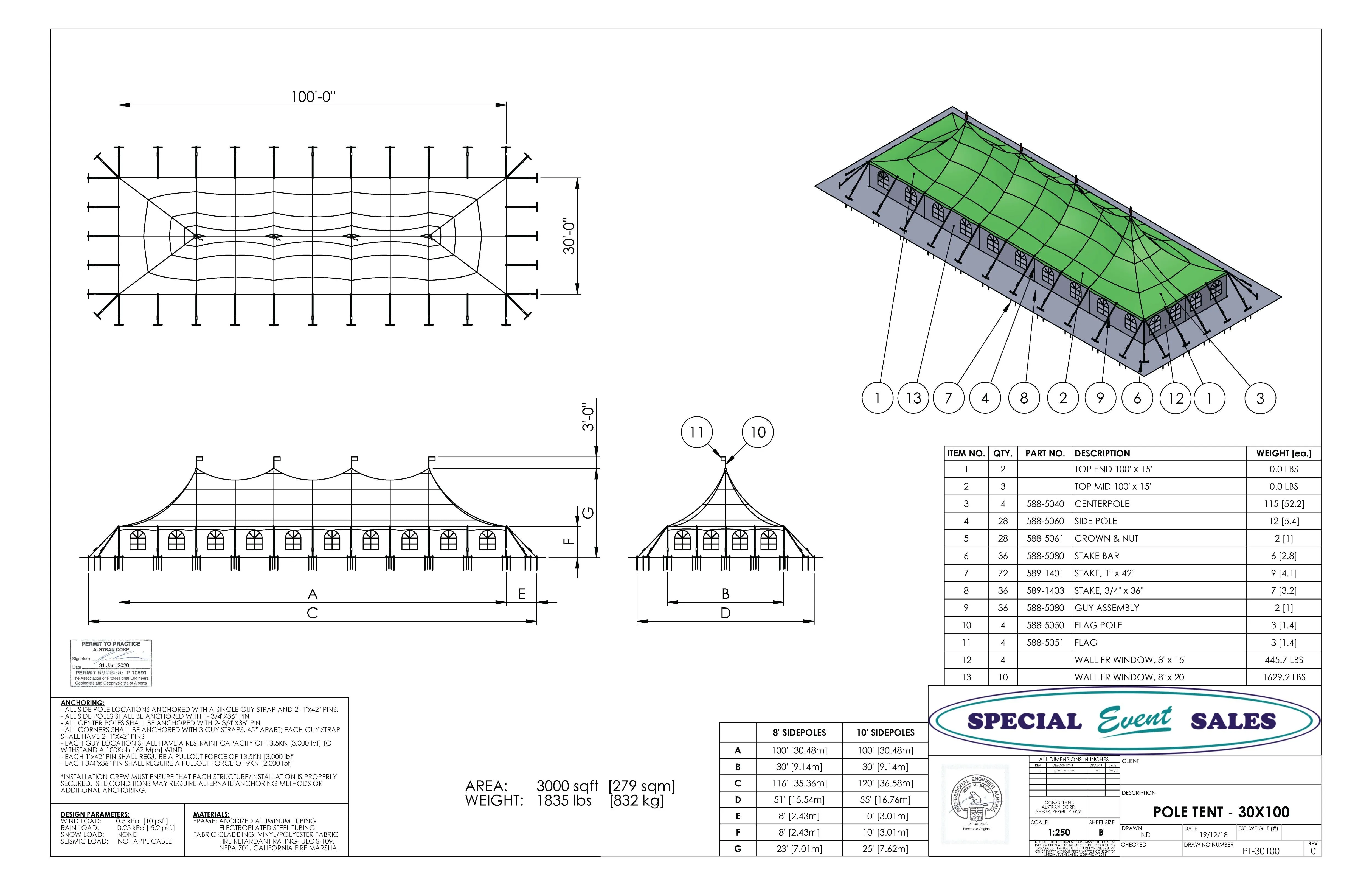 Pole Tent 30' x 100' White