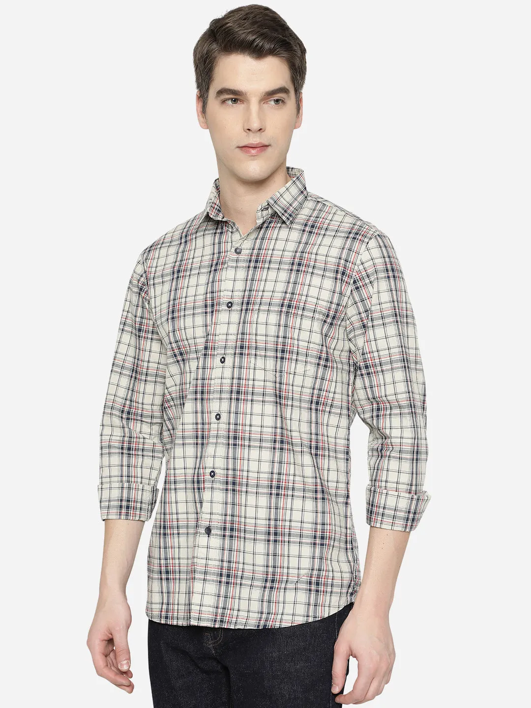 Stone Grey Checked Slim Fit Semi Casual Shirt | JadeBlue